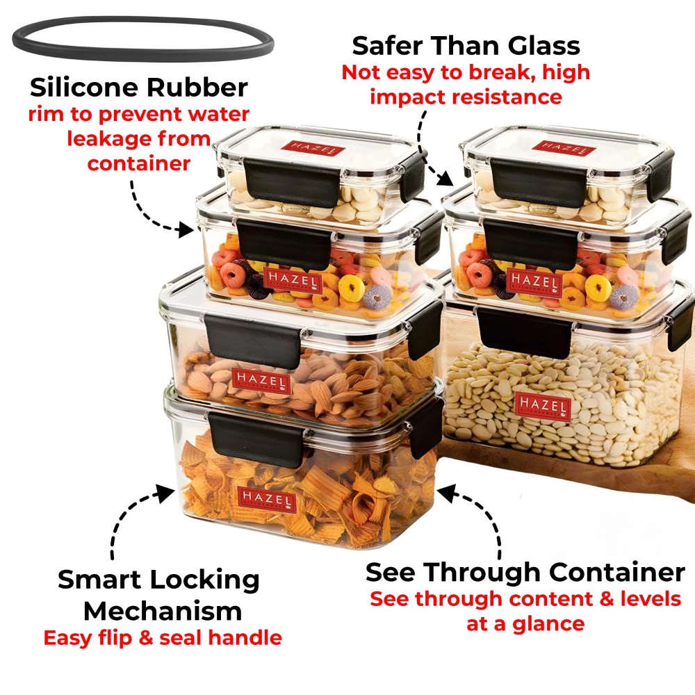 HAZEL Plastic Rectangle Airtight Leak proof Microwave Safe Container Dabba, Set of 7