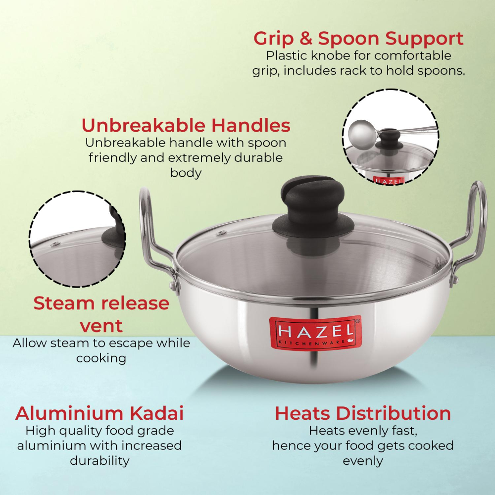 HAZEL 4 mm Aluminium Kadhai Kadai with Glass Lid | Vessels for Cooking Deep Frying Kadai, 2300 ML