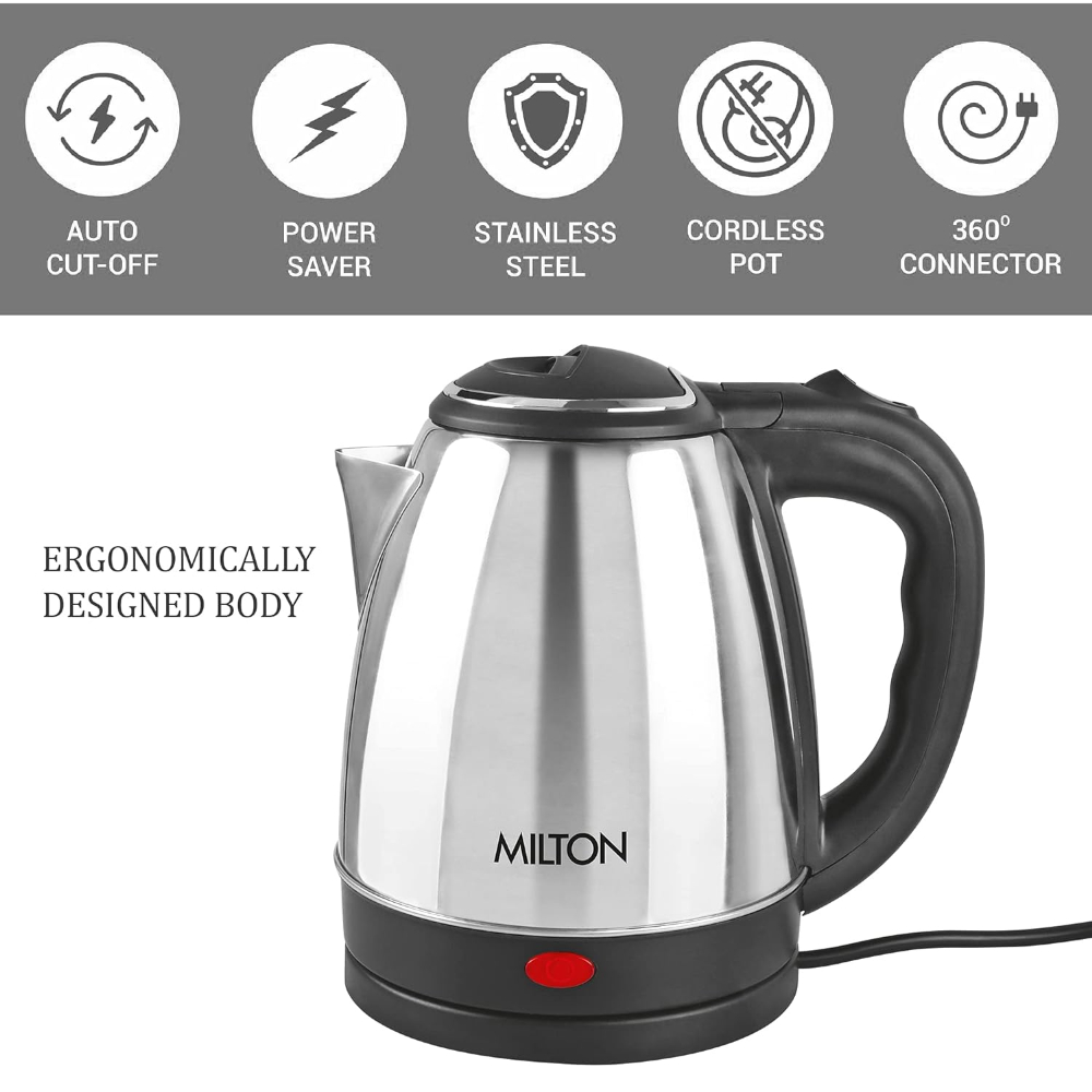 MILTON Stainless Steel 1500 Watts Detachable 360 Degree Auto Cut-off Electric Kettle, 2 Litre, Silver