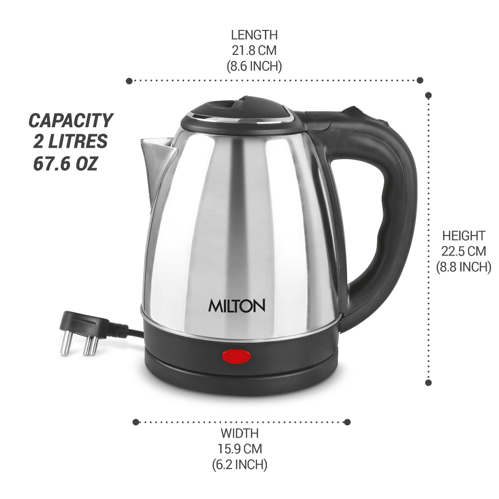 MILTON Stainless Steel 1500 Watts Detachable 360 Degree Auto Cut-off Electric Kettle, 2 Litre, Silver