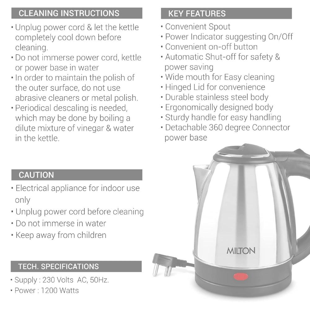 MILTON Stainless Steel 1500 Watts Detachable 360 Degree Auto Cut-off Electric Kettle, 1.2 Litre, Silver