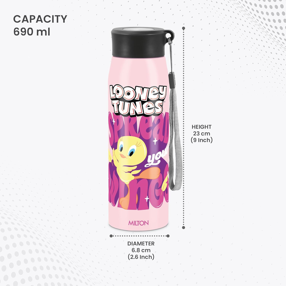 MILTON Handy Design 650 Stainless Steel Single walled Leak Proof Water Bottle, 690 ML, Pink (Looney Tunes - Tweety)