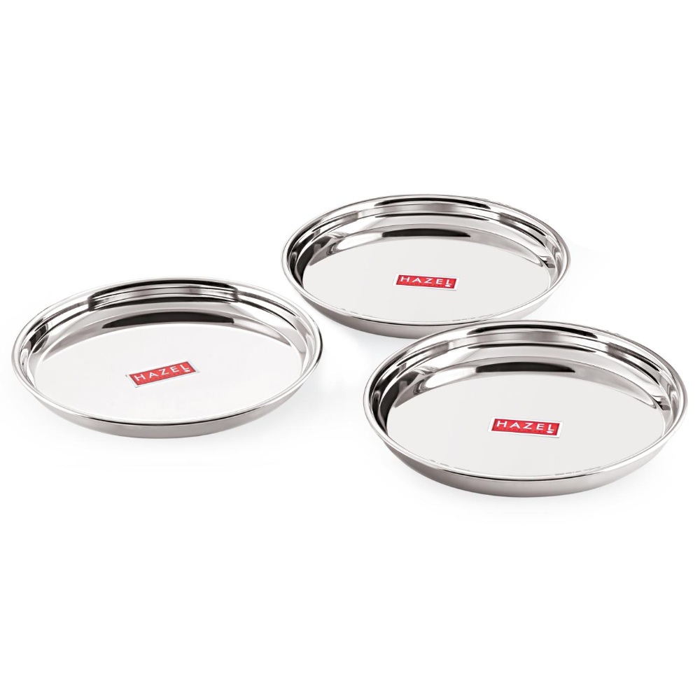 HAZEL Stainless Steel Dinner Lunch Plate Bhojan Thali, Dia 31 cm, Large, 3 pcs Set