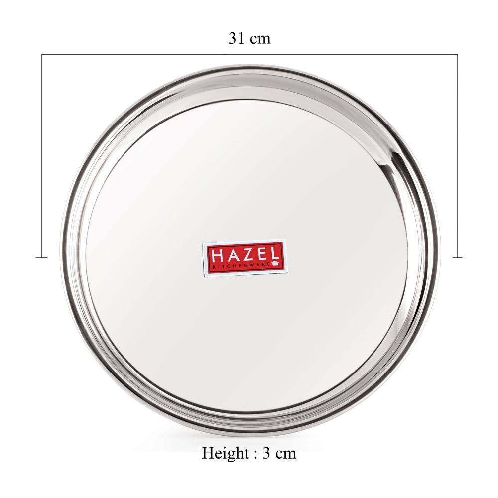 HAZEL Stainless Steel Dinner Lunch Plate Bhojan Thali, Dia 31 cm, Large, 3 pcs Set