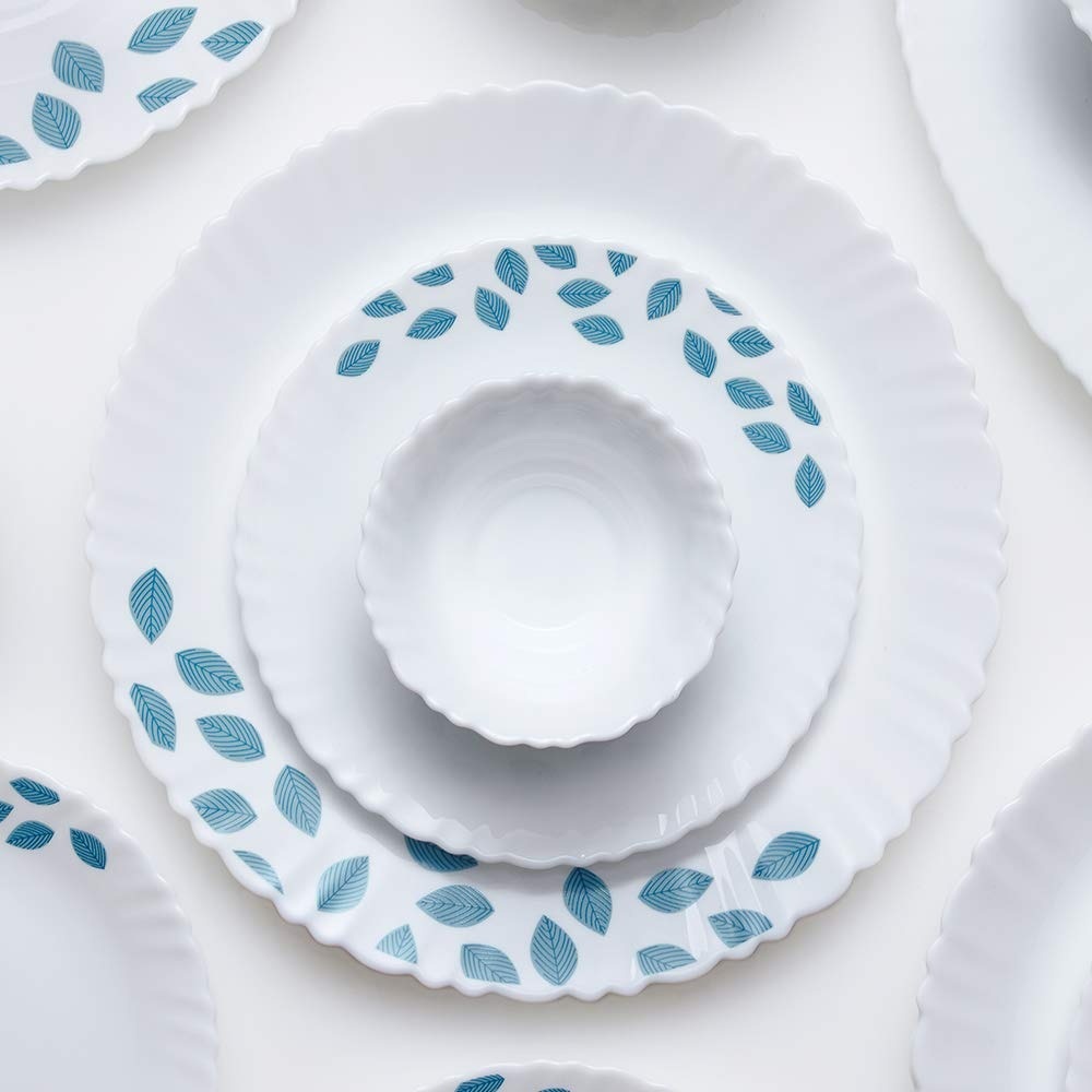 Larah by BOROSIL Fluted Series Blue Leaves Opalware Dinner Set | 33 Piece for Family of 6 | Microwave & Dishwasher Safe | Bone-Ash Free | Crockery Set for Dining & Gifting | Plates & Bowls | White