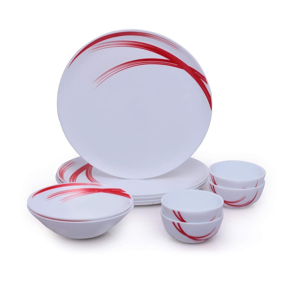 Larah by Borosil - Moon Series, Red Stella 10 Pieces Opalware Dinner Set, White