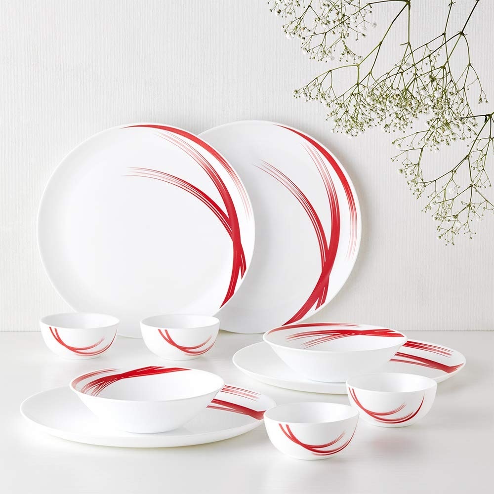 Larah by Borosil - Moon Series, Red Stella 10 Pieces Opalware Dinner Set, White