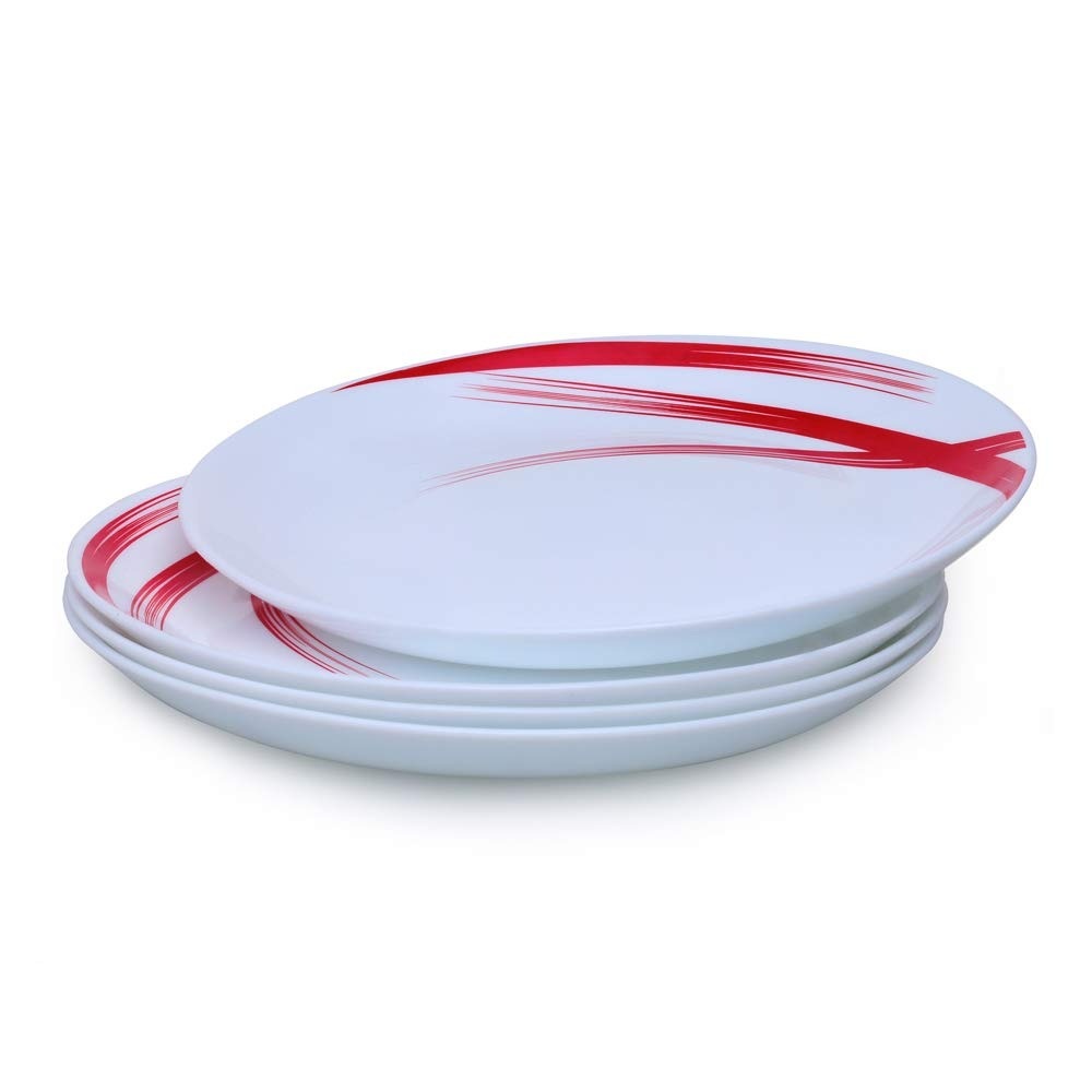 Larah by Borosil - Moon Series, Red Stella 10 Pieces Opalware Dinner Set, White