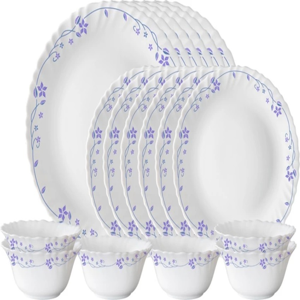 Larah by Borosil Flora Opalware 18 Pcs Dinner Set, Opal Glass Dinner Plates & Bowls, Crockery Set for Dining, Microwave Safe