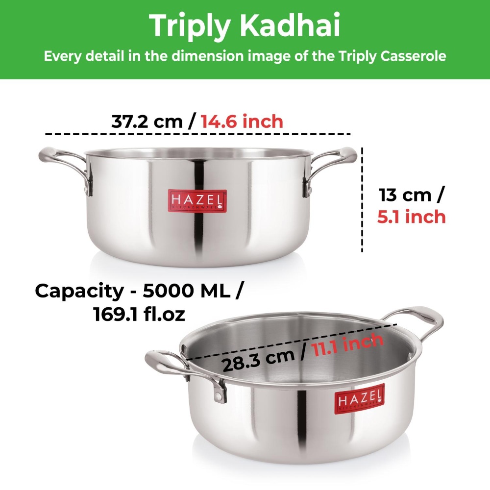 HAZEL Triply Stainless Steel Induction Bottom Shallow Casserole Tope with Handle, 5 Litre, 28.3 cm