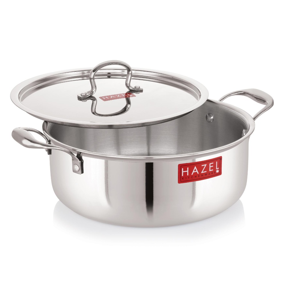 HAZEL Triply Stainless Steel Induction Bottom Shallow Casserole Tope with Handle and With Steel Lid, 4 Litre, 26.3 cm