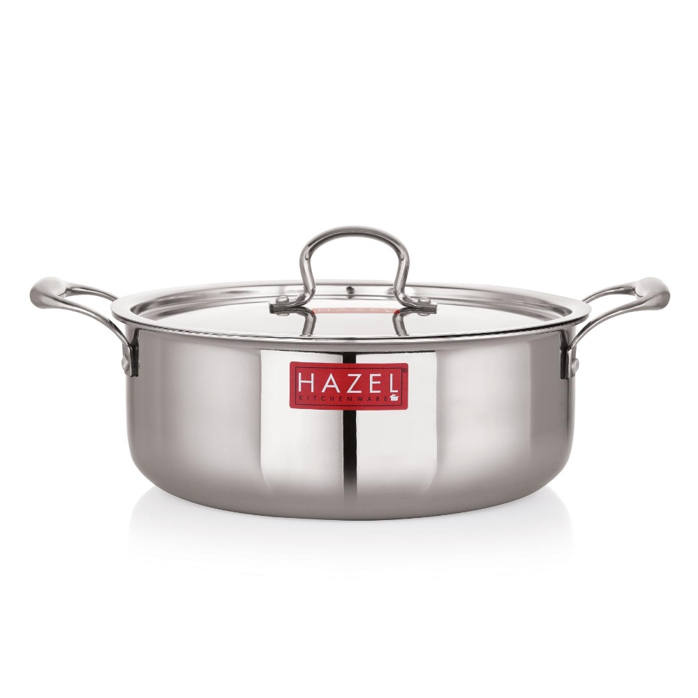 HAZEL Triply Stainless Steel Induction Bottom Shallow Casserole Tope with Handle and With Steel Lid, 4 Litre, 26.3 cm