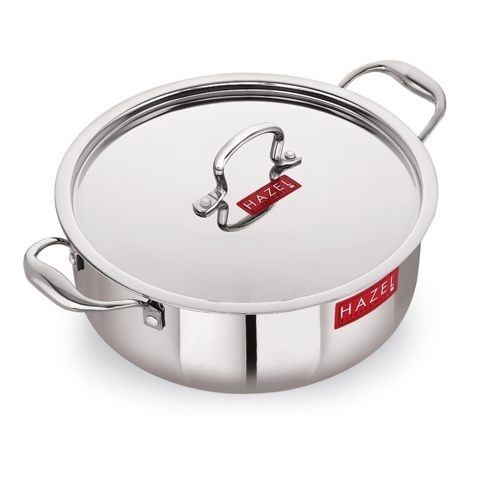 HAZEL Triply Stainless Steel Induction Bottom Shallow Casserole Tope with Handle and With Steel Lid, 6 Litre, 30.1 cm