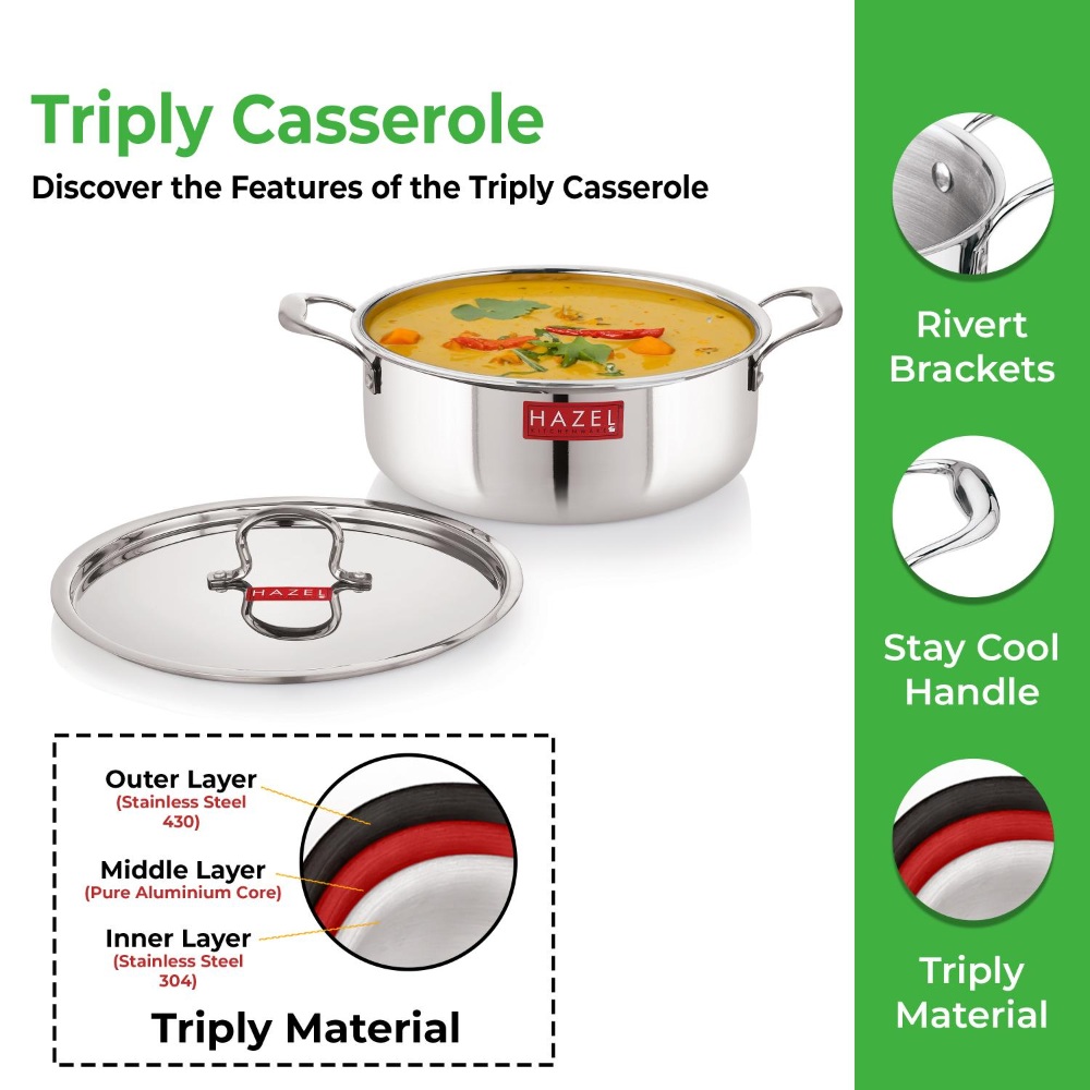 HAZEL Triply Stainless Steel Induction Bottom Shallow Casserole Tope with Handle and With Steel Lid, 6 Litre, 30.1 cm