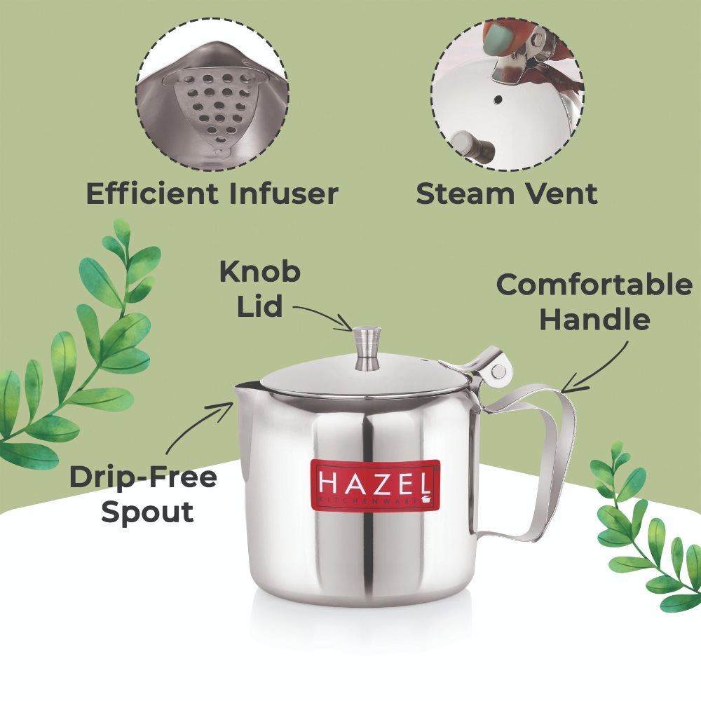 HAZEL Stainless Steel Tea Serving Pot with Handle & Lid | Strong and Sturdy, Spill Proof Pouring, 400 ML