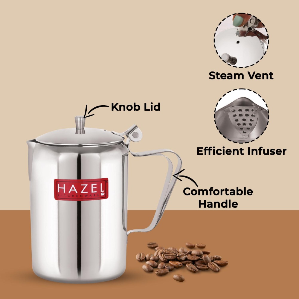 HAZEL Stainless Steel Coffee Serving Pot with Handle & Lid | Strong and Sturdy, Spill Proof Pouring, 650 ML