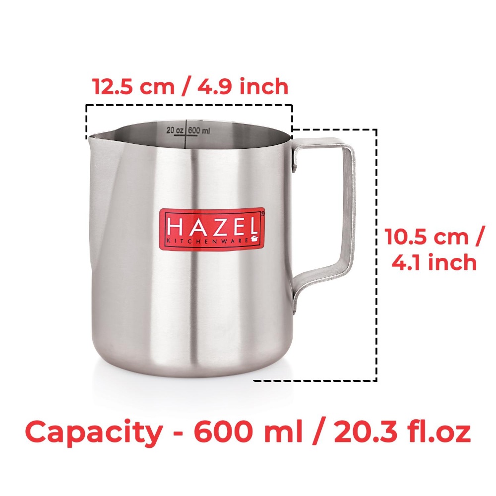 HAZEL Stainless Steel Tea Coffee Milk Frothing Pitcher Serving Pot with Handle Spill Proof Pouring, 600 ML