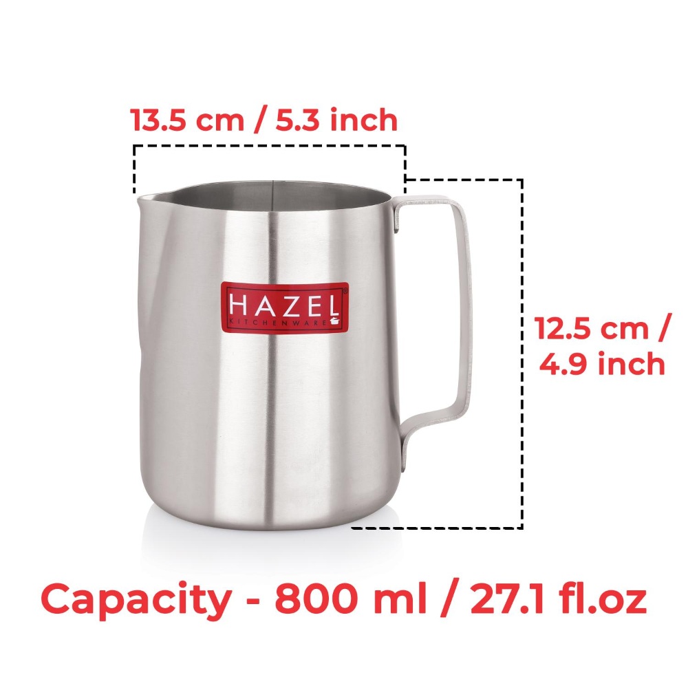 HAZEL Stainless Steel Tea Coffee Milk Frothing Pitcher Serving Pot with Handle Spill Proof Pouring, 800 ML