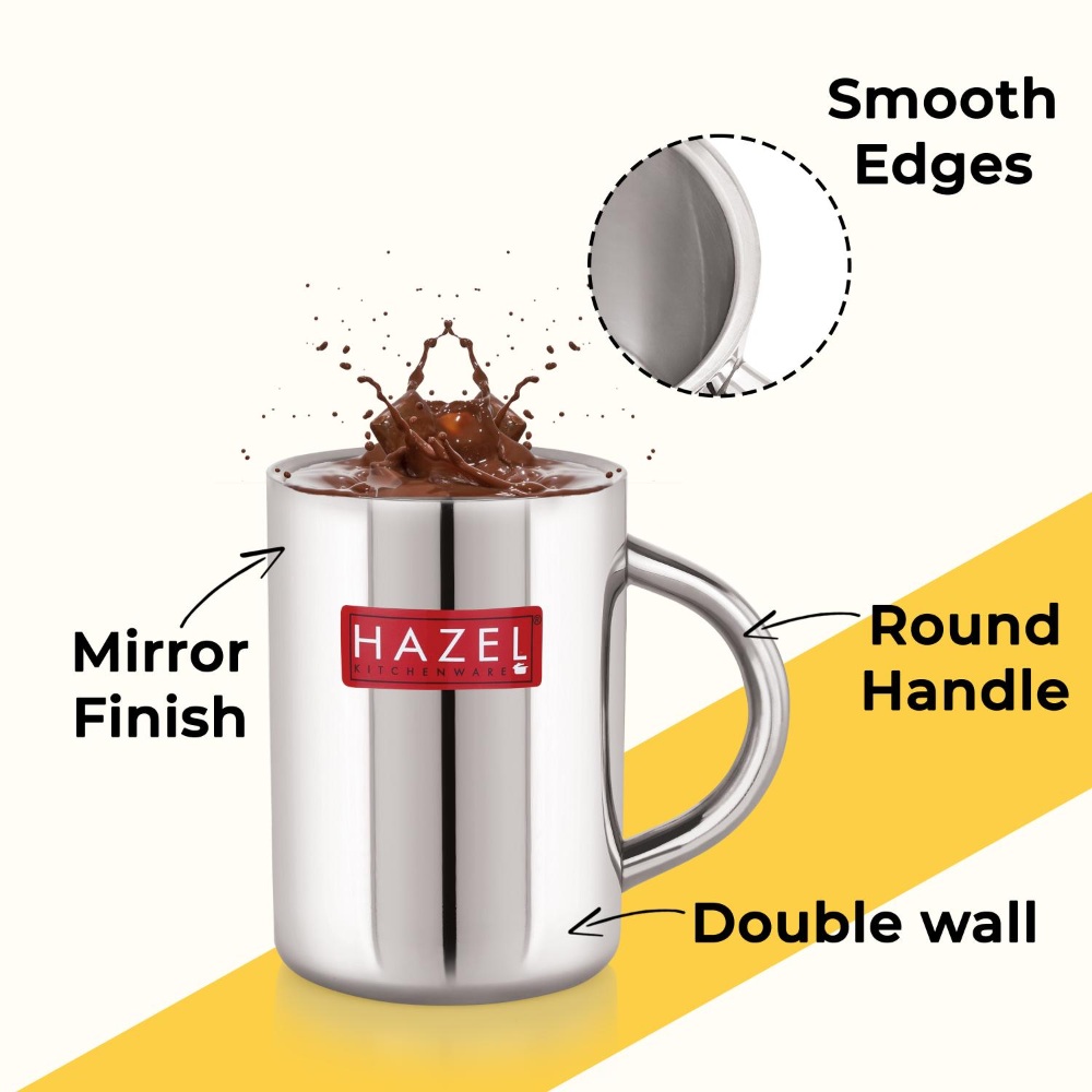 HAZEL Stainless Steel Double Wall Tea coffee Milk Serving Jug Mug with Handle Spill Proof Pouring, 420 ML