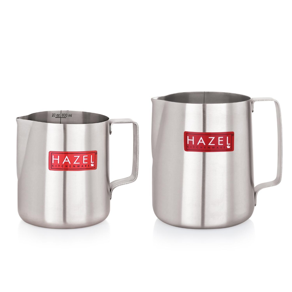 HAZEL Stainless Steel Tea Coffee Milk Frothing Pitcher Serving Pot with Handle Spill Proof Pouring, Set of 2, 600 ML & 800 ML