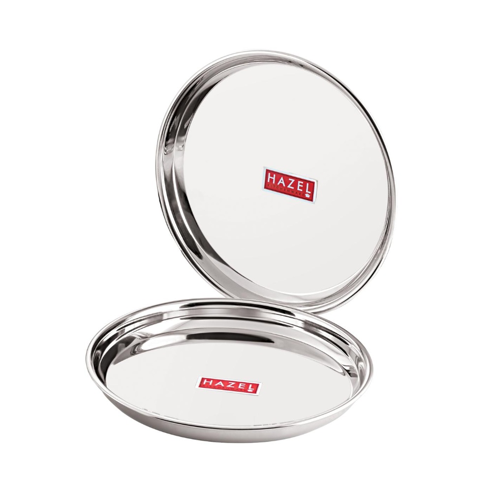 HAZEL Stainless Steel Dinner Lunch Plate Bhojan Thali, Dia 29 cm, Medium, 2 pcs Set