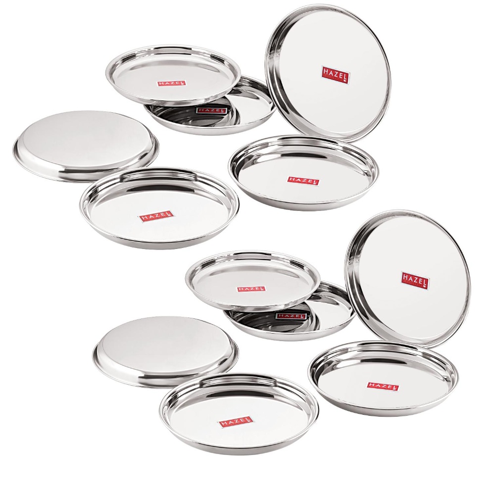 HAZEL Stainless Steel Dinner Lunch Plate Bhojan Thali, Dia 29 cm, Medium, 12 pcs Set