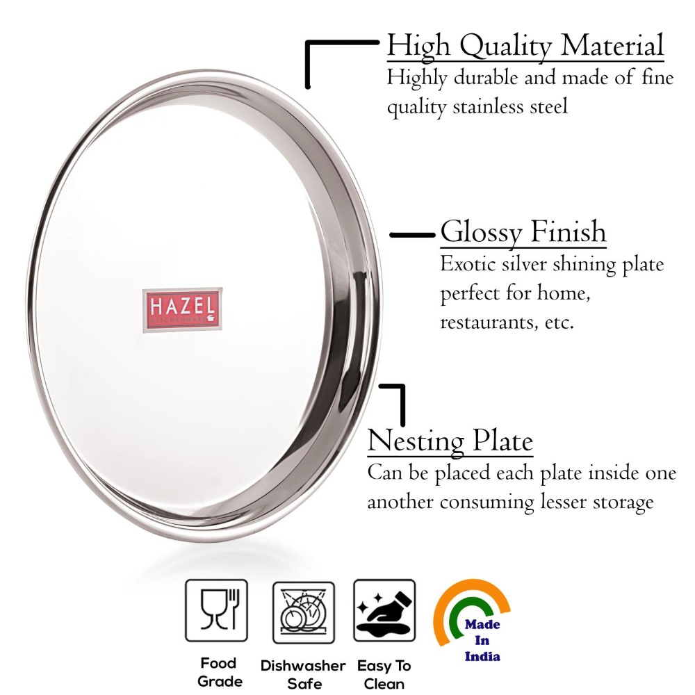 HAZEL Stainless Steel Dinner Lunch Plate Bhojan Thali, Dia 29 cm, Medium, 12 pcs Set