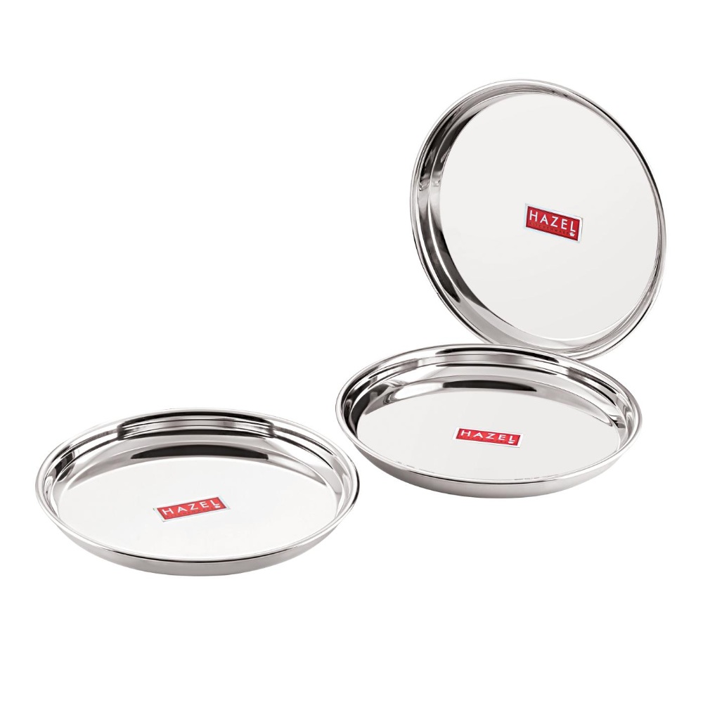 HAZEL Stainless Steel Dinner Lunch Plate Bhojan Thali, Dia 31 cm, Large, 3 pcs Set