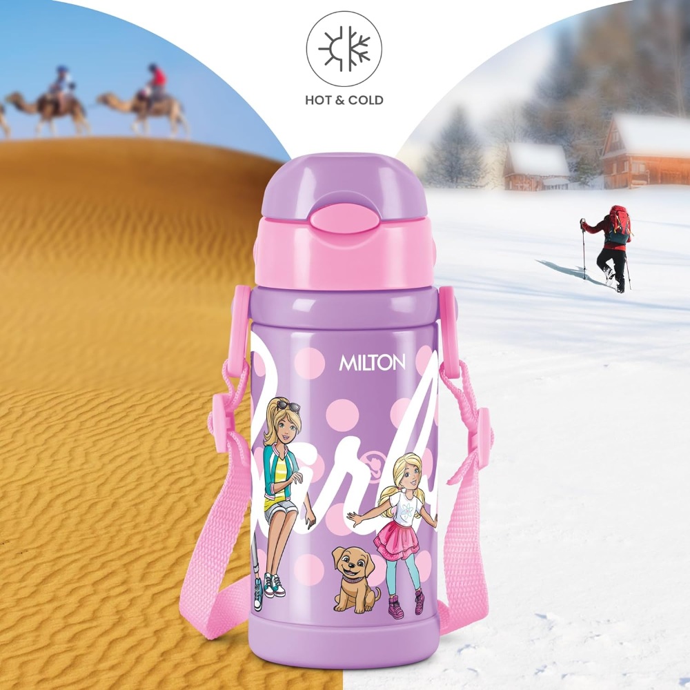 Milton Charmy 450 Barbie Thermosteel Kids Water Bottle, 400 ml, Purple | Vacuum Insulated | Hot & Cold | Leak Proof | Rust Proof | School | Picnic