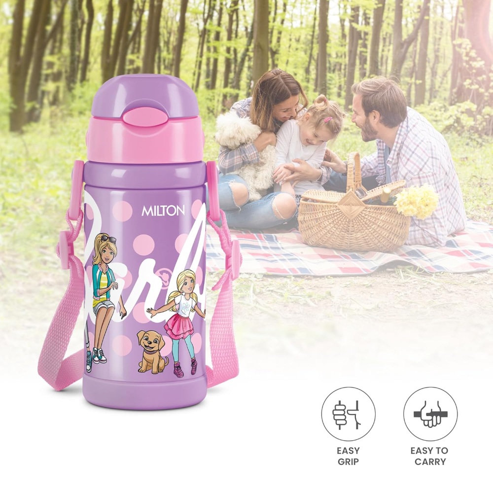 Milton Charmy 450 Barbie Thermosteel Kids Water Bottle, 400 ml, Purple | Vacuum Insulated | Hot & Cold | Leak Proof | Rust Proof | School | Picnic