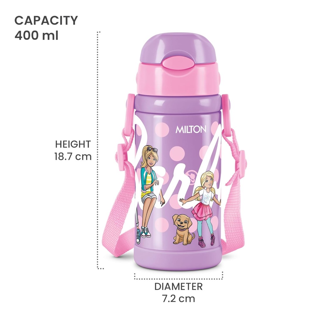 Milton Charmy 450 Barbie Thermosteel Kids Water Bottle, 400 ml, Purple | Vacuum Insulated | Hot & Cold | Leak Proof | Rust Proof | School | Picnic