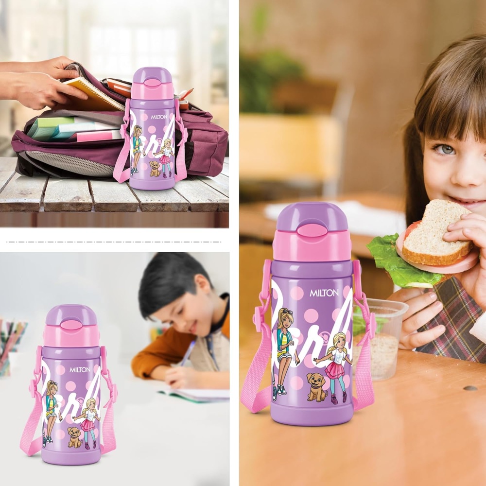 Milton Charmy 450 Barbie Thermosteel Kids Water Bottle, 400 ml, Purple | Vacuum Insulated | Hot & Cold | Leak Proof | Rust Proof | School | Picnic