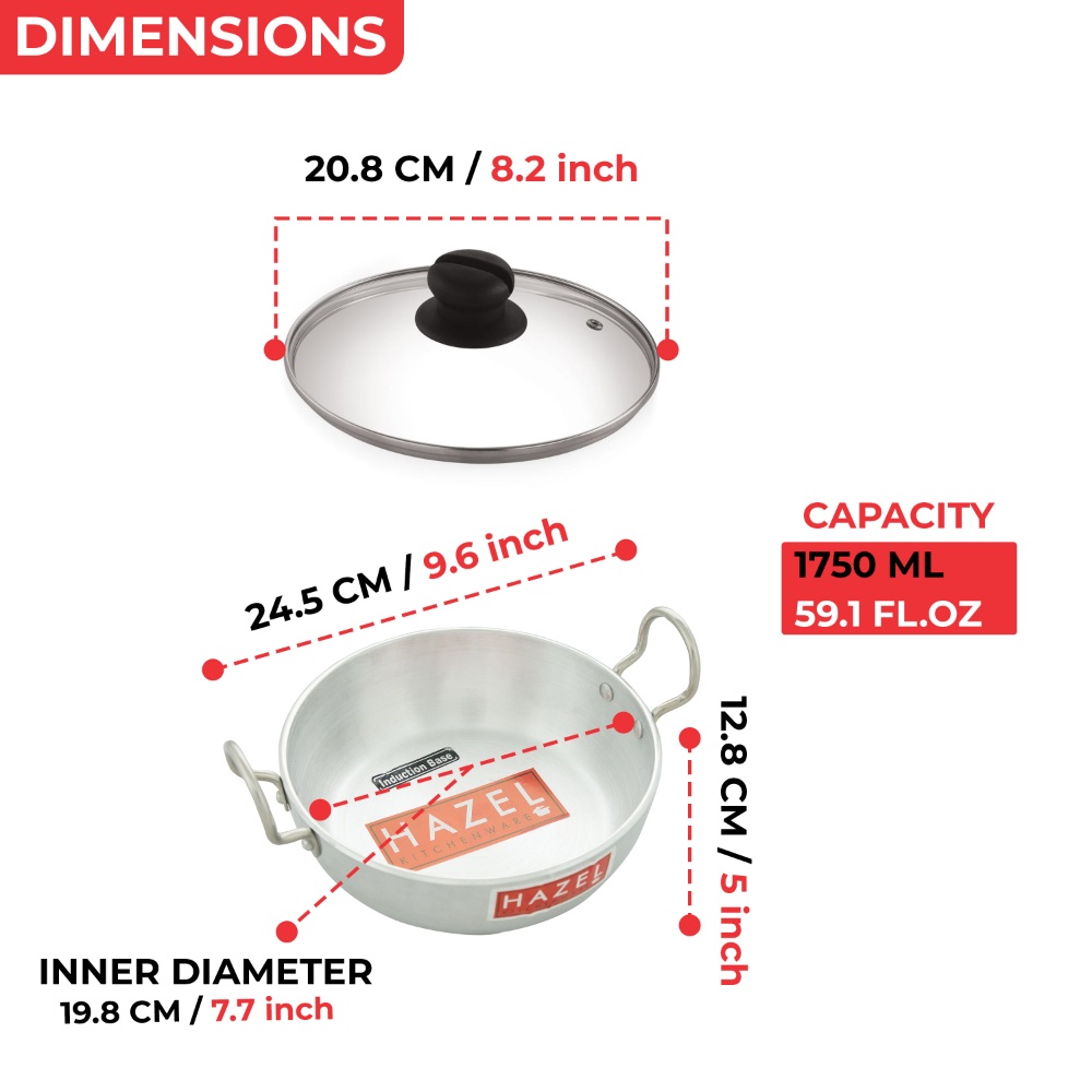 HAZEL Aluminium Induction Kadai/Wok (Kadhai, Cheena Chatti) 1750 ml with Lid, 20.8 cm | Non-Stick, Durable Base for Efficient Cooking