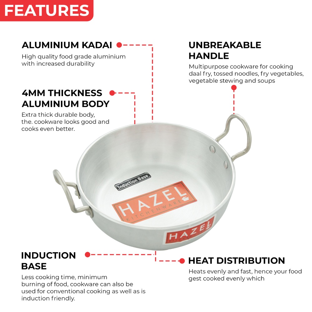 HAZEL Aluminium Induction Kadai/Wok (Kadhai, Cheena Chatti) 1750 ml with Lid, 20.8 cm | Non-Stick, Durable Base for Efficient Cooking