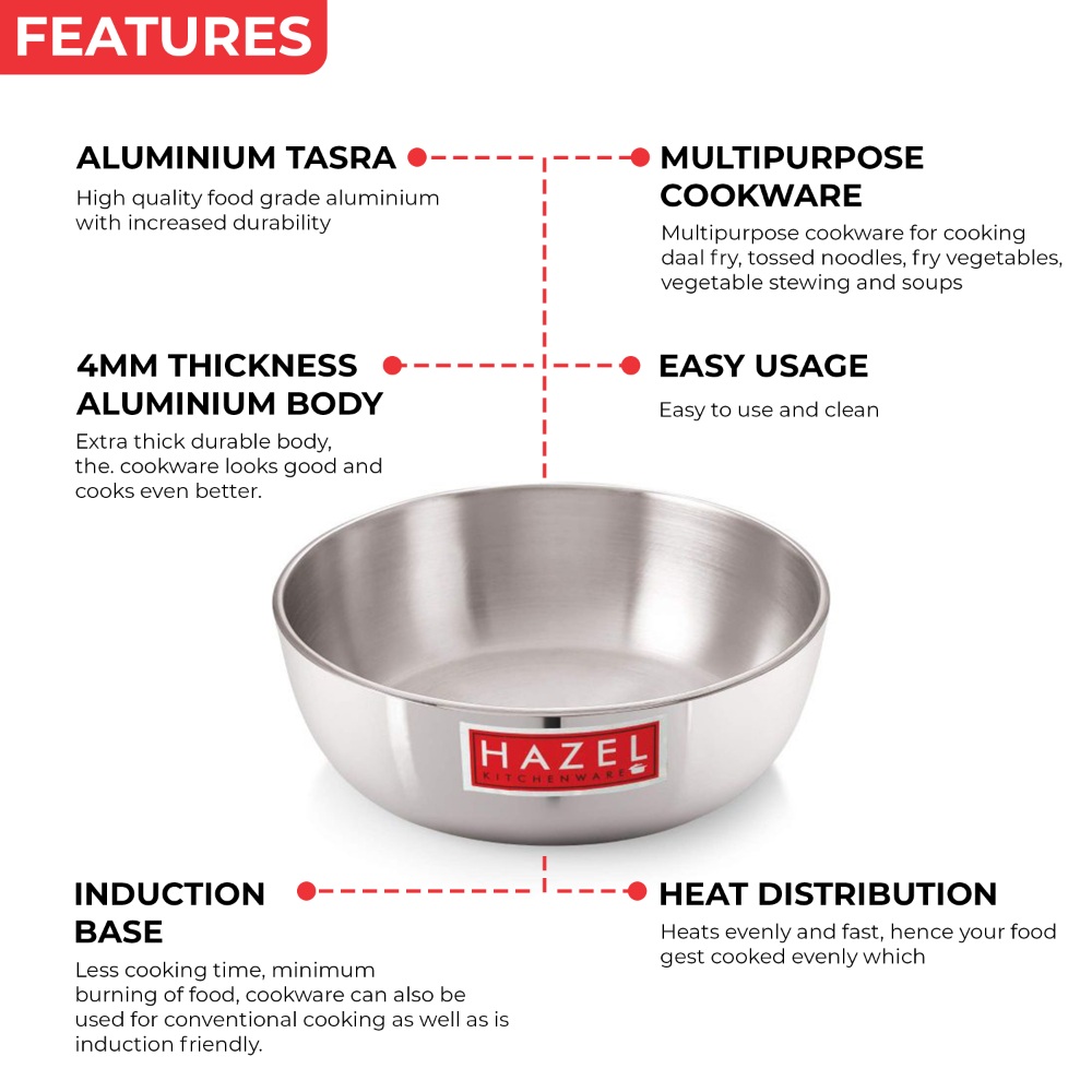 HAZEL Aluminium Induction Tasra/Cooking Pot (Tapeli, Bhagona) 1250 ml with Lid, 19 cm | Durable Tasra for Quick Heating on Induction