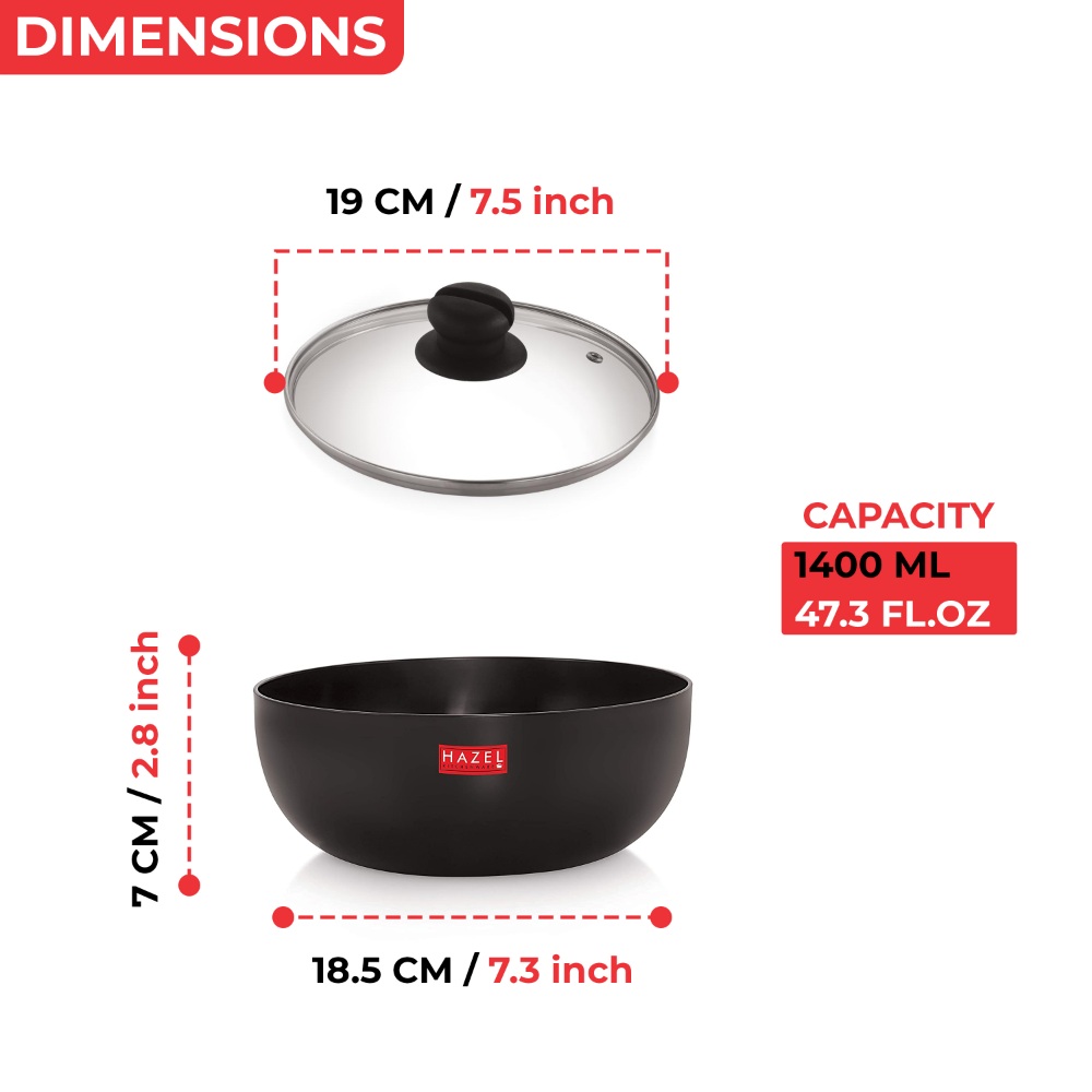 HAZEL Hard Anodised Tasra/Fry Pan (Tope, Bhagona) 1400 ml with Lid, 19 cm | Non-Stick Cookware for Induction & Gas