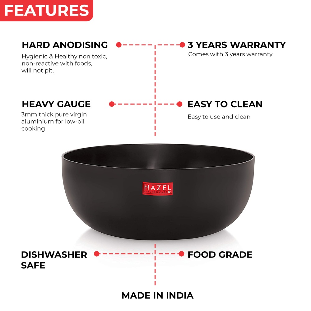 HAZEL Hard Anodised Tasra/Fry Pan (Tope, Bhagona) 1400 ml with Lid, 19 cm | Non-Stick Cookware for Induction & Gas