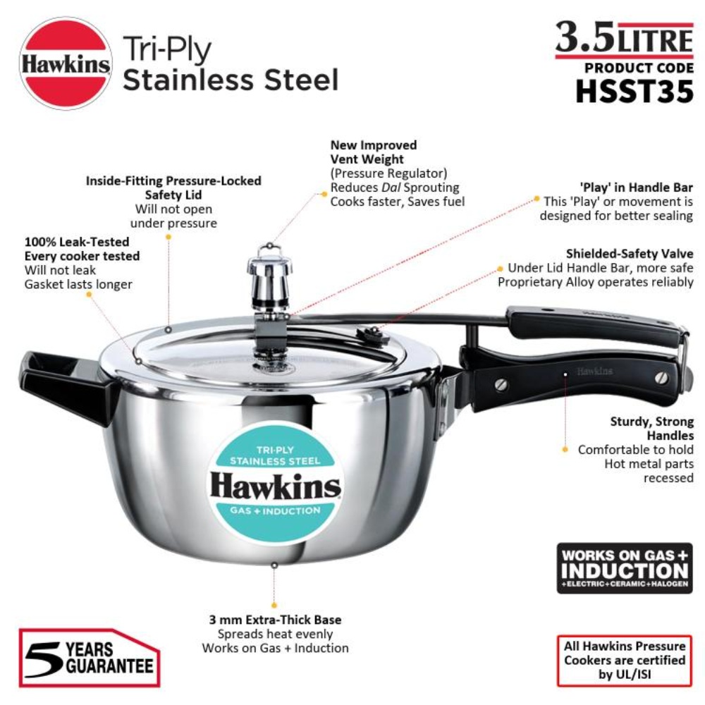 Hawkins 3.5 Litre Triply Stainless Steel Pressure Cooker, Inner Lid Cooker, Silver