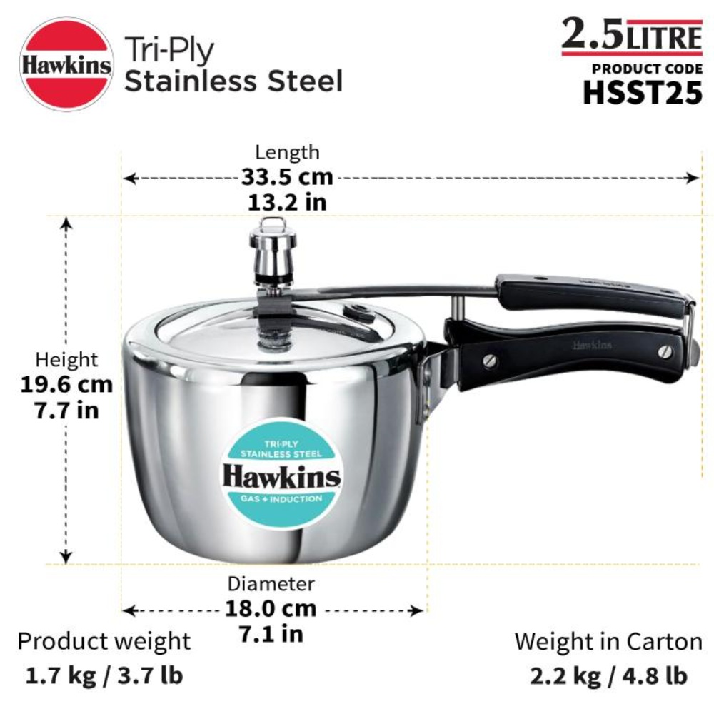 Hawkins 2.5 Litre Triply Stainless Steel Pressure Cooker, Inner Lid Cooker, Silver