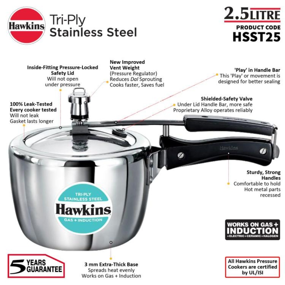 Hawkins 2.5 Litre Triply Stainless Steel Pressure Cooker, Inner Lid Cooker, Silver