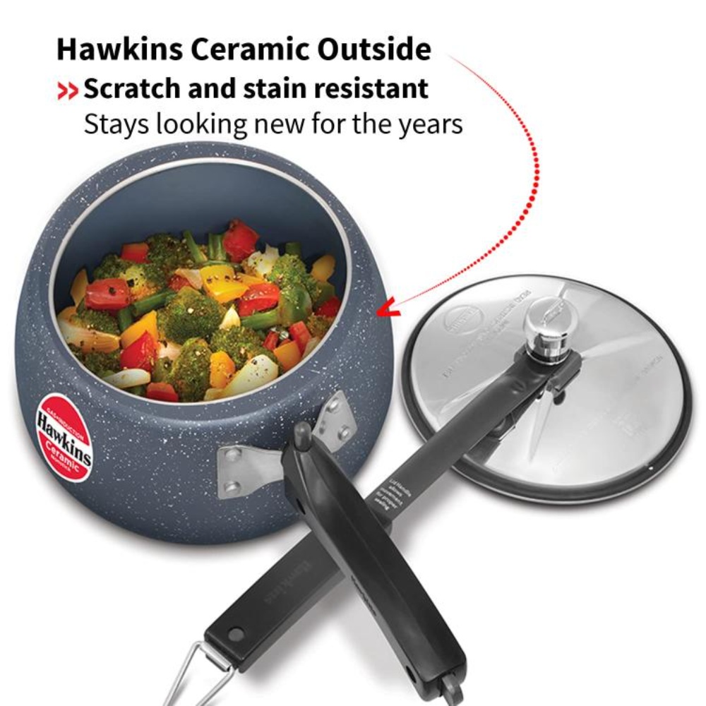 Hawkins 3 Litre Ceramic Nonstick Pressure Cooker, Induction Inner Lid Cooker, Granite Contura shaped Cooker, Best Cooker, Blue