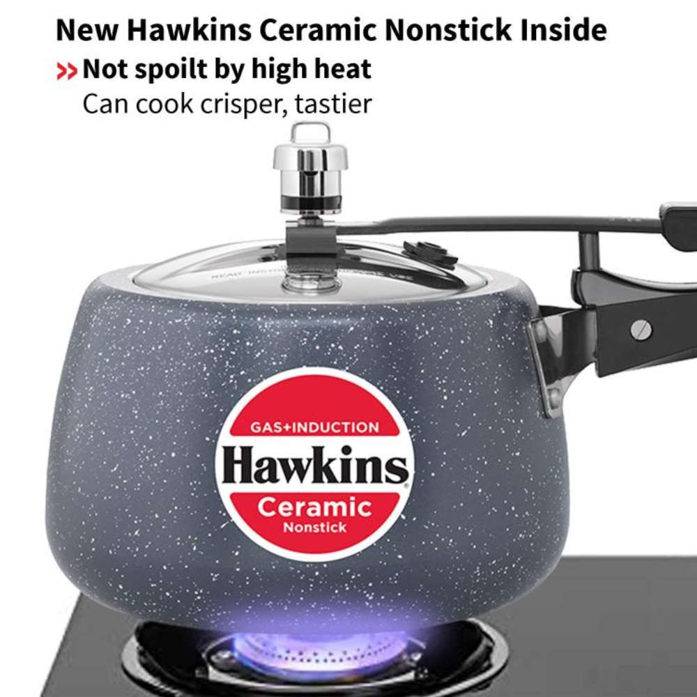 Hawkins 3 Litre Ceramic Nonstick Pressure Cooker, Induction Inner Lid Cooker, Granite Contura shaped Cooker, Best Cooker, Blue