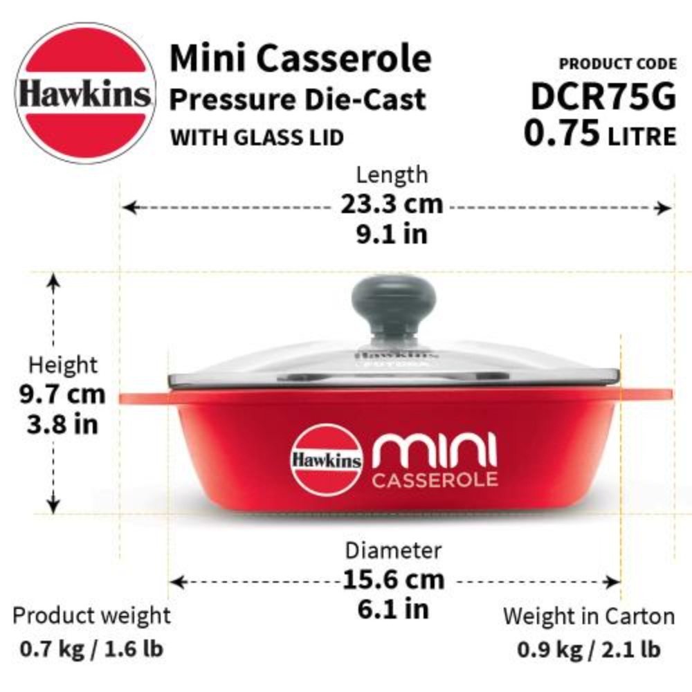 Hawkins 0.75 Litre Mini Casserole with Glass Lid, Oval Shaped Die-Cast pan for Cooking, Reheating, Serving and Storing, Red