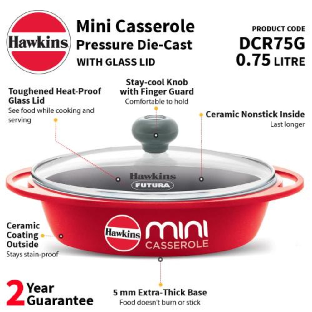 Hawkins 0.75 Litre Mini Casserole with Glass Lid, Oval Shaped Die-Cast pan for Cooking, Reheating, Serving and Storing, Red