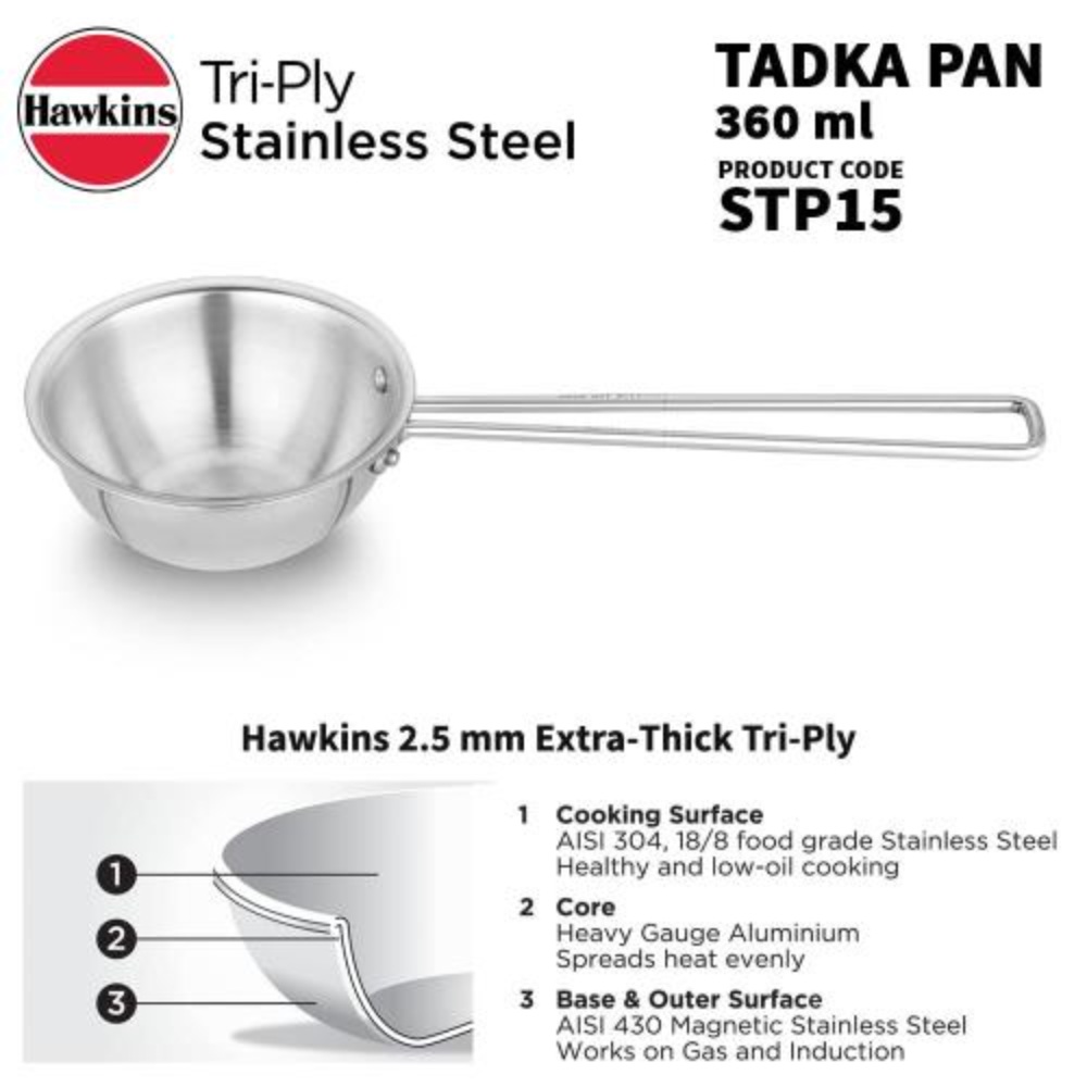 Hawkins 1.5 Cup Tadka Pan, 360 ml Triply Stainless Steel Pan, Induction Pan, Silver