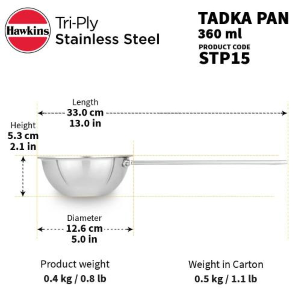 Hawkins 1.5 Cup Tadka Pan, 360 ml Triply Stainless Steel Pan, Induction Pan, Silver