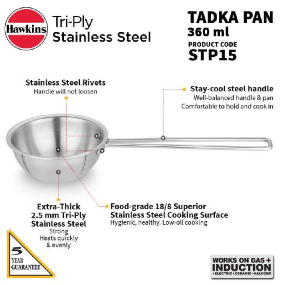 Hawkins 1.5 Cup Tadka Pan, 360 ml Triply Stainless Steel Pan, Induction Pan, Silver