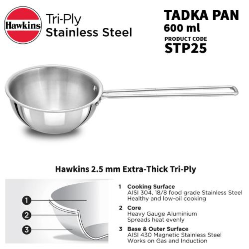 Hawkins 2.5 Cup Tadka Pan, 600ml Triply Stainless Steel Pan, Silver