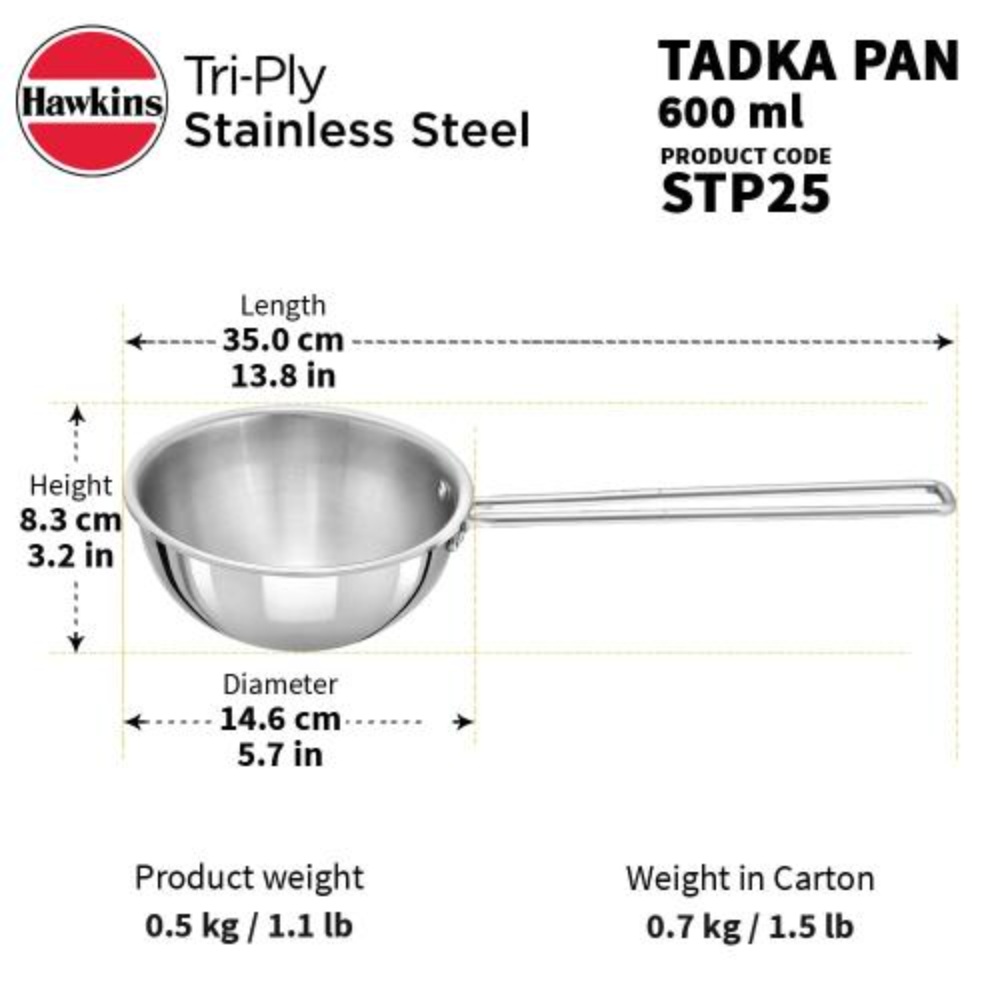 Hawkins 2.5 Cup Tadka Pan, 600ml Triply Stainless Steel Pan, Silver