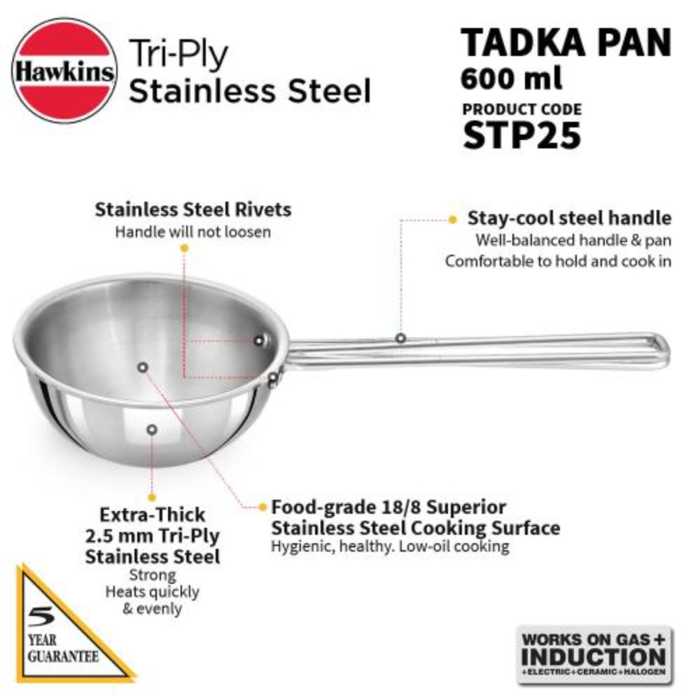 Hawkins 2.5 Cup Tadka Pan, 600ml Triply Stainless Steel Pan, Silver